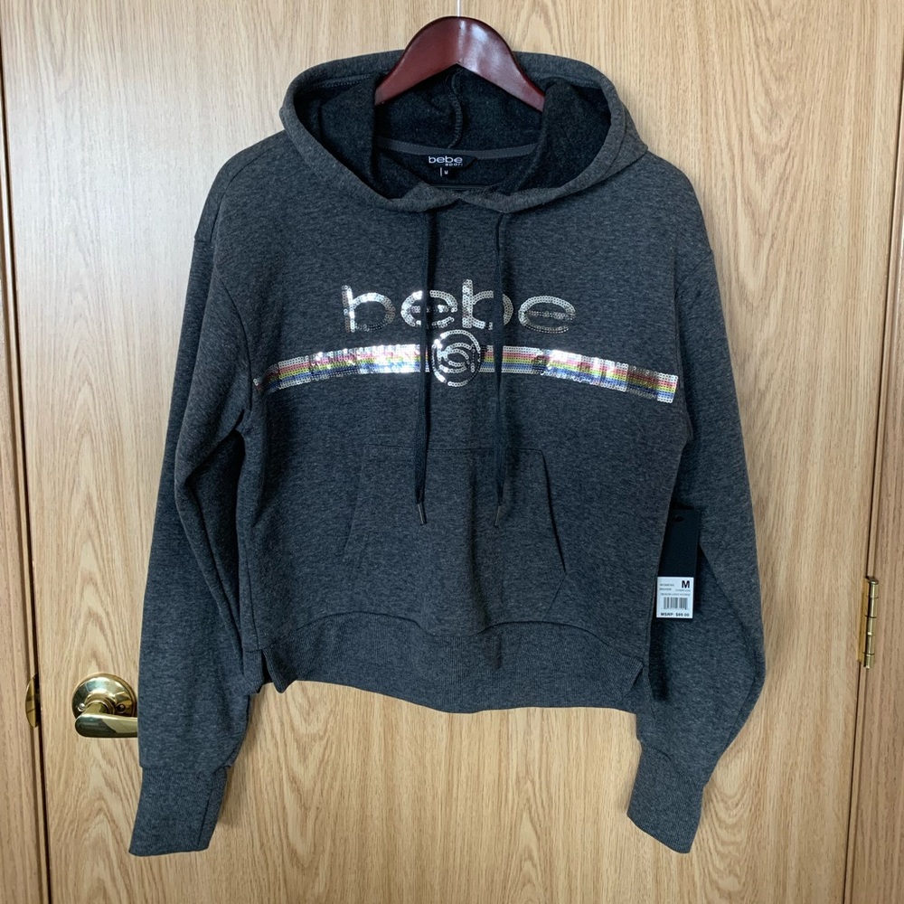 New BEBE Sport Charcoal Cotton/Poly  Sequin Logo Hoodie Women’s M